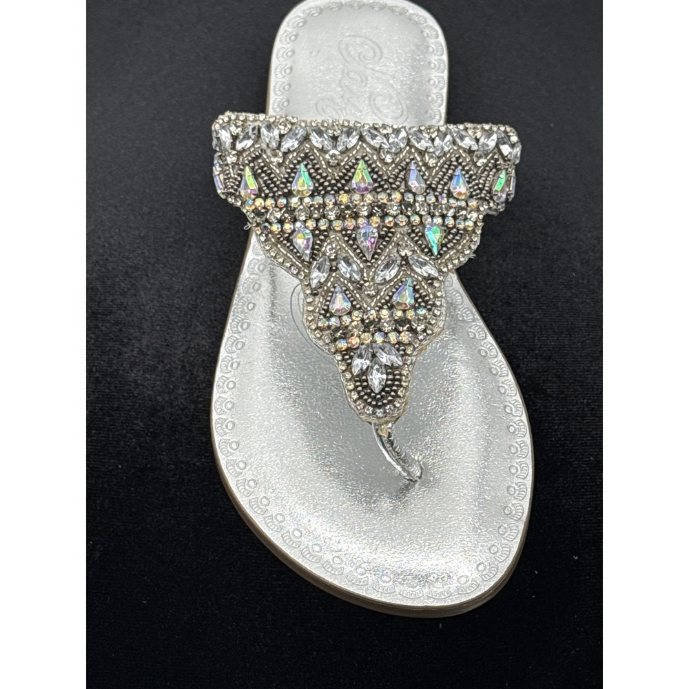 Naughty Monkey Loving U Silver Rhinestone Thong Sandals Flat Slides 6.5
